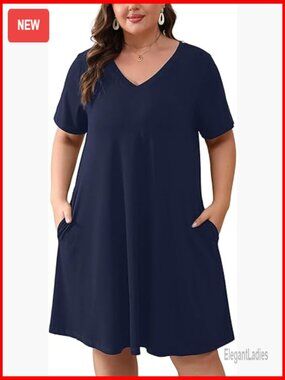 Plus Size Midi Dress with Pockets V-Neck Short Sleeve Loose A-Line Summer